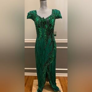 Vintage Green Silk Beaded Gown Women’s Size 12 Open Back 90’s Couture Heavy